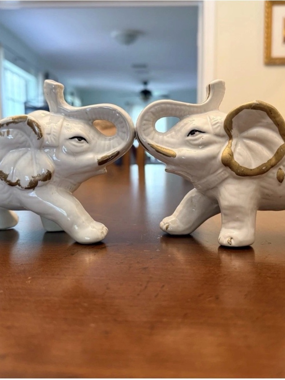Vintage SITCO White Gold Ceramic Elephant Figurines Pair Asian Decor 1960 -1970